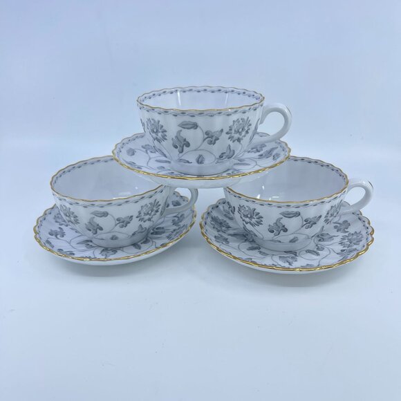 •spode colonel gray bone china cups and saucers set of 3 floral garland gold tri - Picture 1 of 9